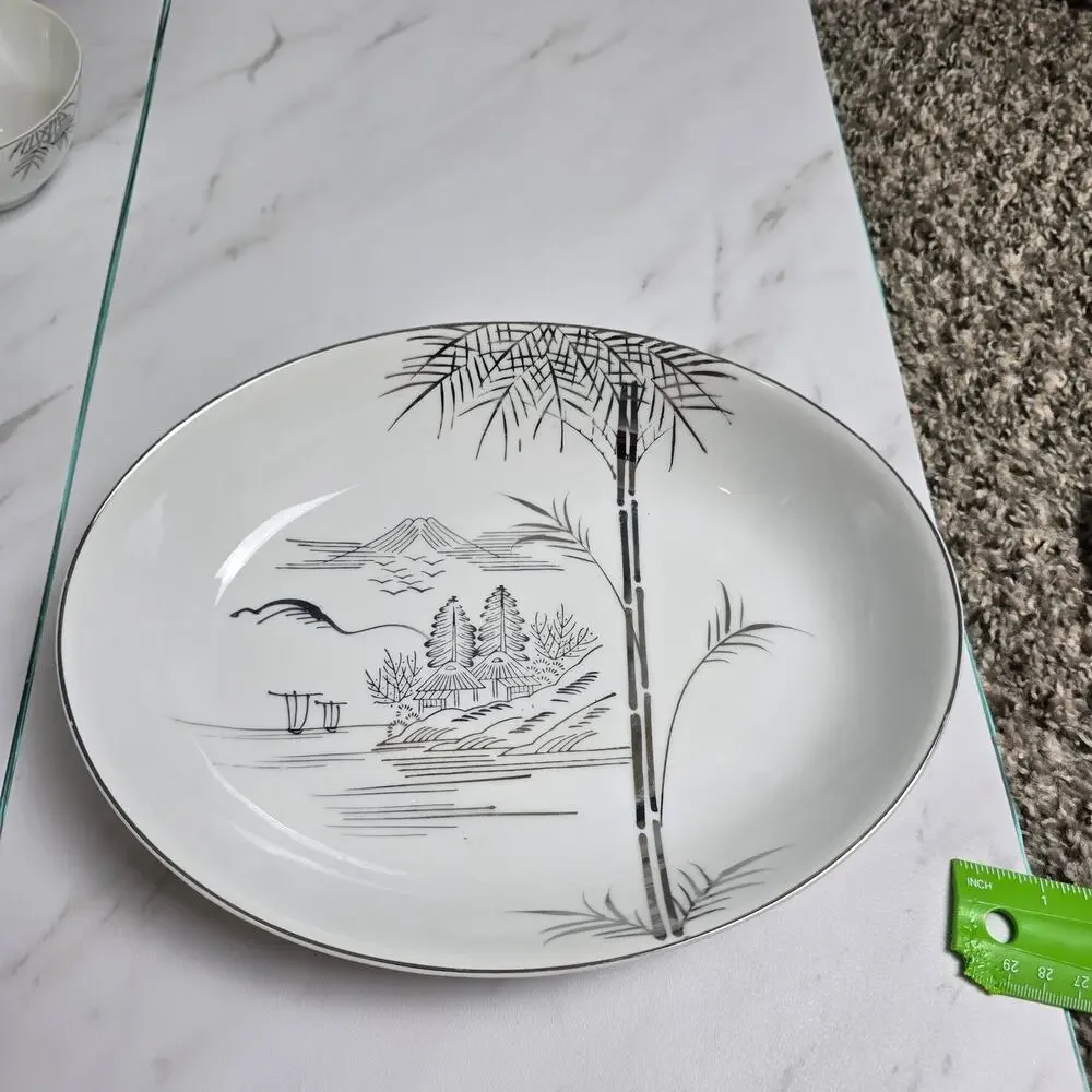Vintage Meiyo China Nippon 1940s Silver Lithopane serving platter 10 inch